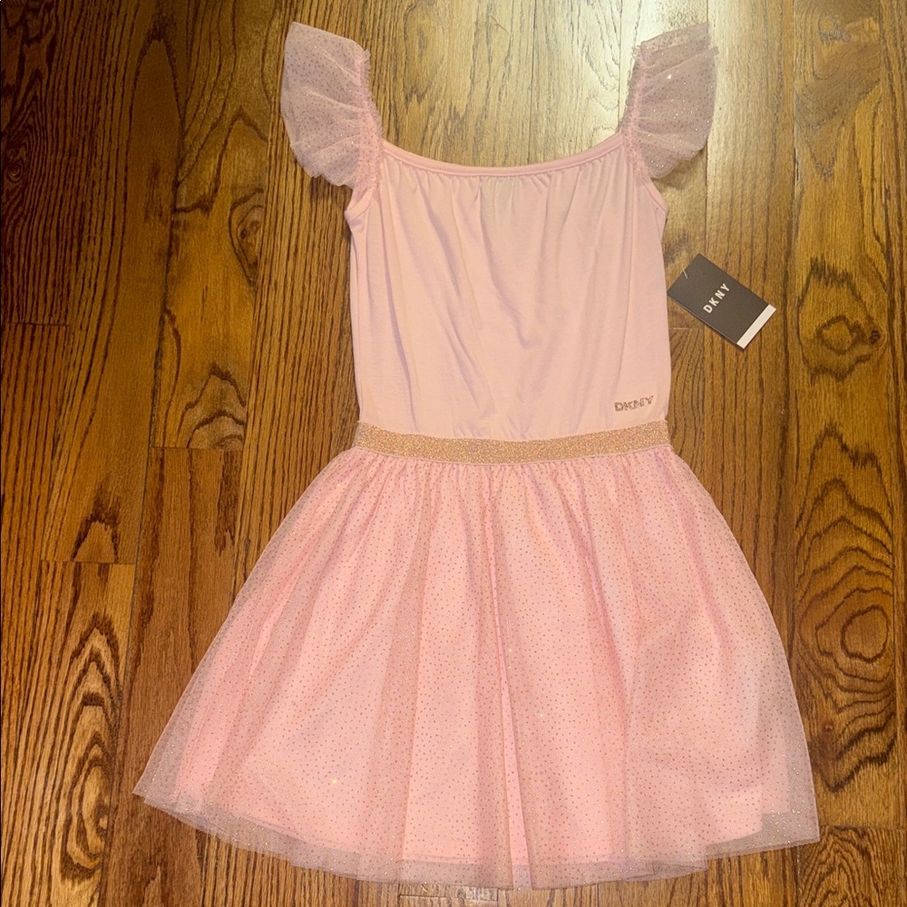 DKNY girls pink flutter sleeve and tulle lined dress size 8 NWT